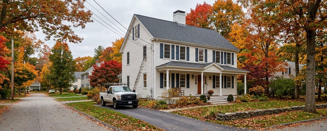 New England colonial home in Amherst MA with contractor truck in driveway during autumn